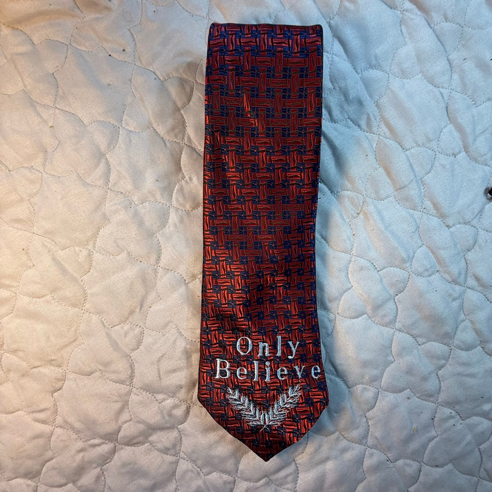 George Martin Red & Blue Patterned Tie with "Only Believe" Embroidery
